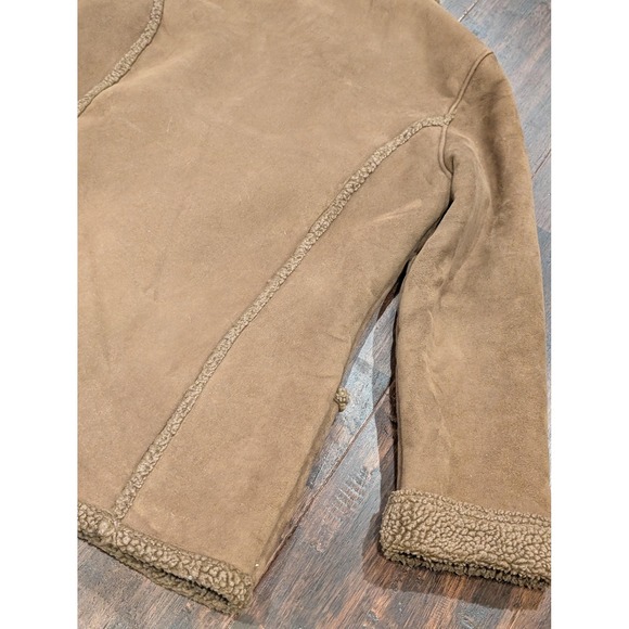 LL Bean Jacket Womens Medium Brown Faux Shearling Fleece Lined Suede Button Coat - Picture 7 of 10
